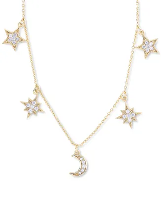 Cubic Zirconia Star & Moon Dangle Statement Necklace Sterling Silver, 16" + 2" extender (Also 14k Gold Over Silver)