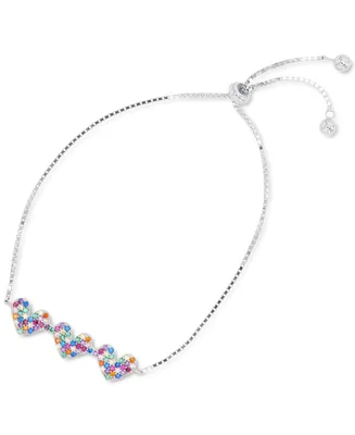 Rainbow Cubic Zirconia Pave Triple Heart Bolo Bracelet Sterling Silver (Also 14k Gold Over Silver)