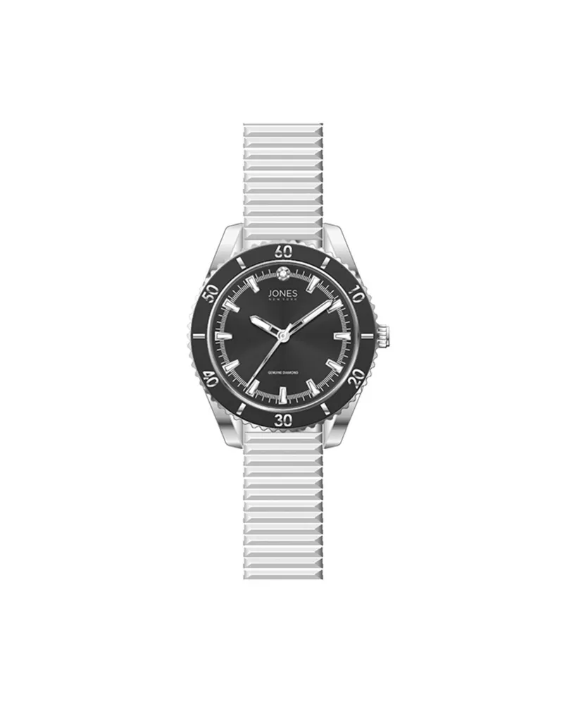 Jones New York Women's Genuine Diamond Black Dial and Silver-Tone Expansion Metal Bracelet Analog Watch 34mm