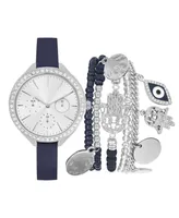 Jessica Carlyle Women's Analog Navy Strap Watch 34mm with Silver-Tone Evil Eye Bracelets Set