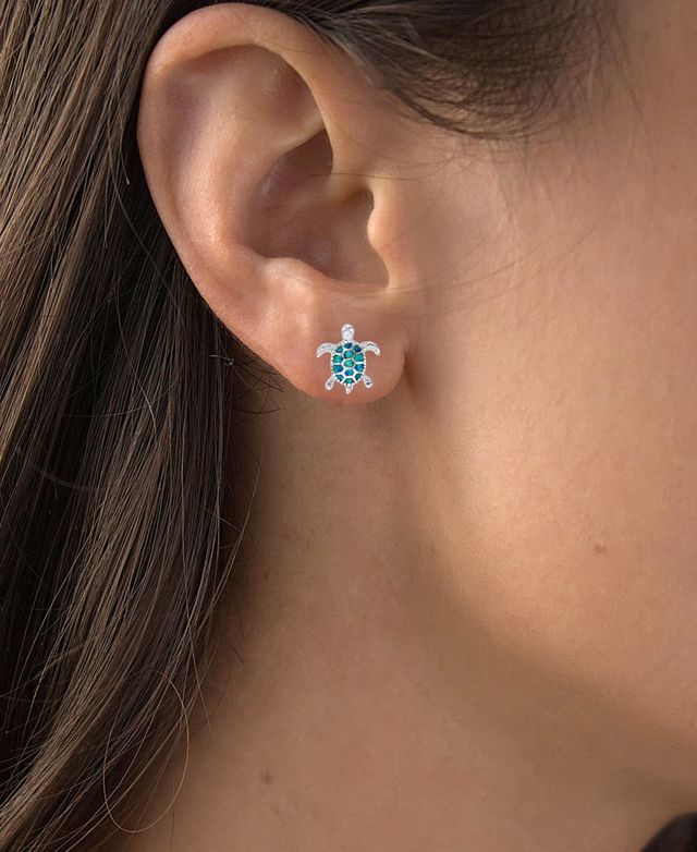 Lab-Created Blue Opal Turtle Stud Earrings in Sterling Silver