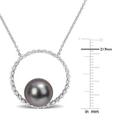 Black Cultured Tahitian Pearl (9-1/2mm) Circle 17" Pendant Necklace in 10k White Gold