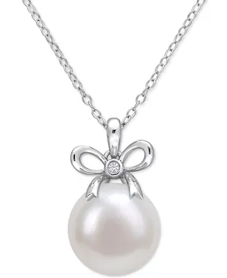 Cultured Freshwater Pearl (12mm) & Lab-Created White Sapphire Accent Bow 18" Pendant Necklace in Sterling Silver