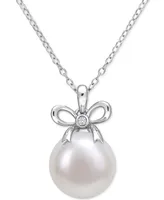 Cultured Freshwater Pearl (12mm) & Lab-Created White Sapphire Accent Bow 18" Pendant Necklace in Sterling Silver