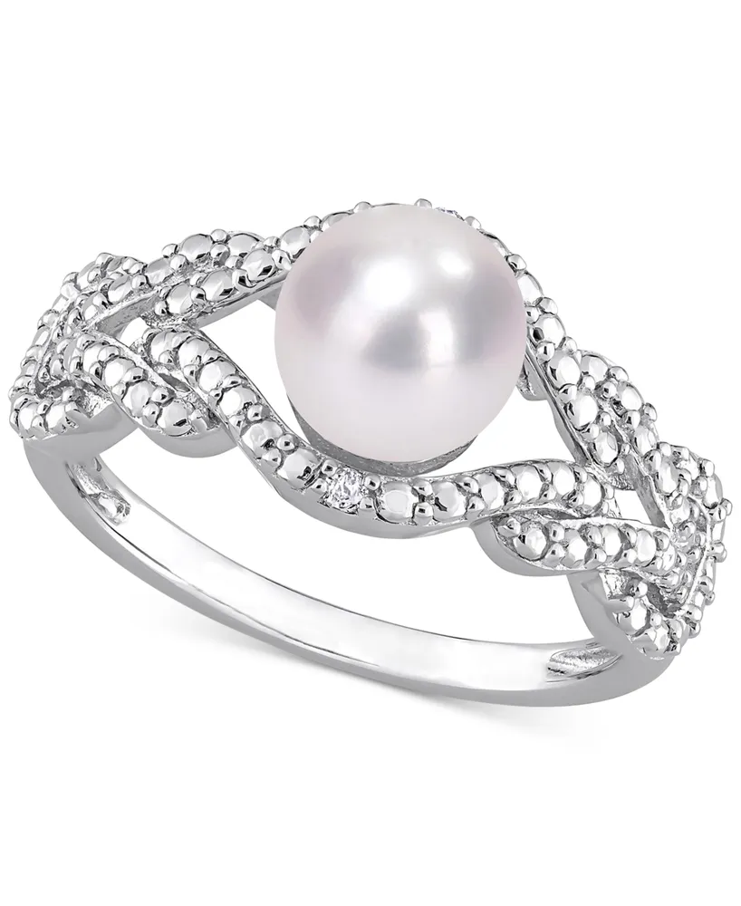 Cultured Freshwater Pearl (7mm) & Diamond Accent Openwork Ring Sterling Silver