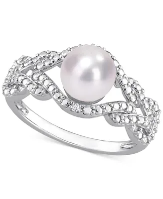 Cultured Freshwater Pearl (7mm) & Diamond Accent Openwork Ring Sterling Silver