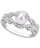 Cultured Freshwater Pearl (7mm) & Diamond Accent Openwork Ring Sterling Silver