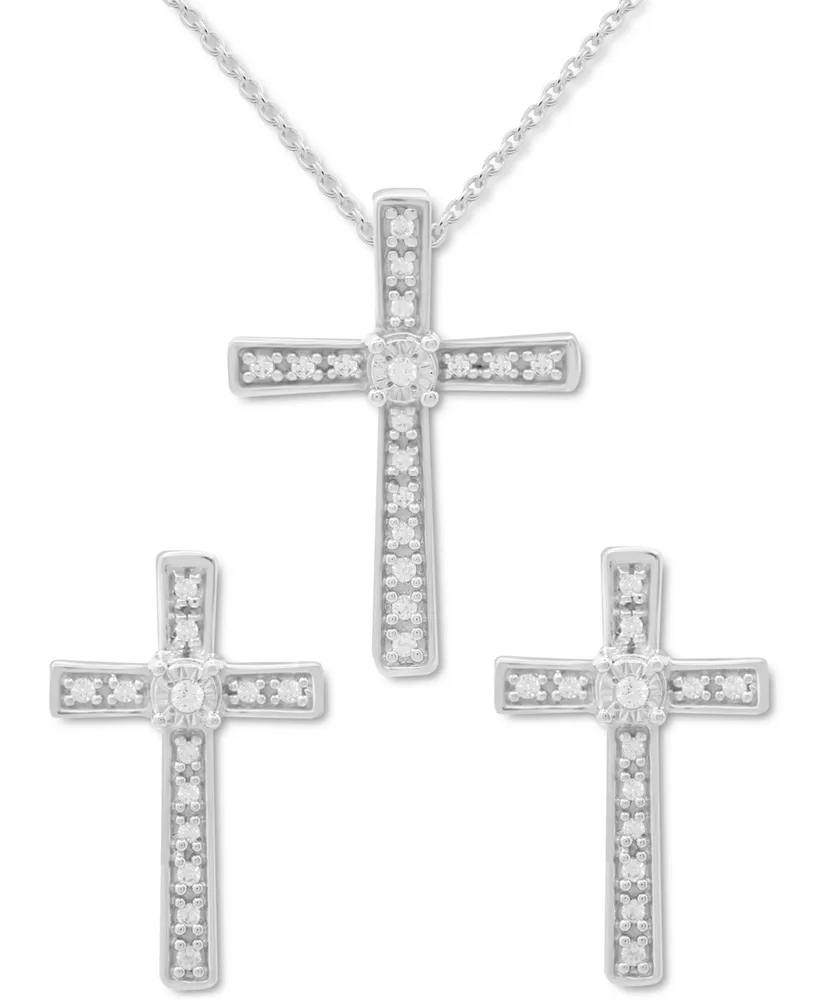 2-Pc. Set Diamond Cross Pendant Necklace & Matching Stud Earrings (1/6 ct. t.w.) in Sterling Silver