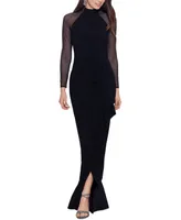 Betsy & Adam Petite Sheer-Sleeve Gown