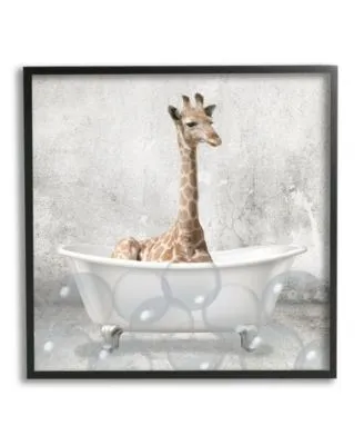 Stupell Industries Baby Giraffe Bath Time Cute Animal Design Framed Giclee Texturized Art Collection