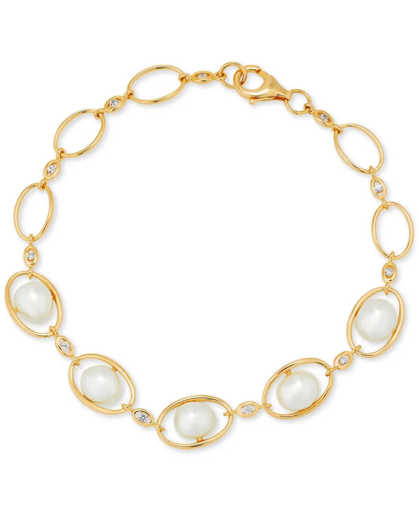 Cultured Freshwater Pearl (7-7-1/2mm) & White Topaz (1/5 ct. t.w.) Oval Link Bracelet in 14k Gold-Plated Sterling Silver