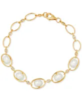 Cultured Freshwater Pearl (7-7-1/2mm) & White Topaz (1/5 ct. t.w.) Oval Link Bracelet in 14k Gold-Plated Sterling Silver
