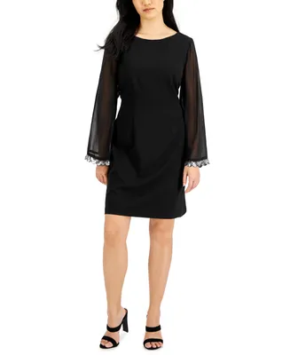 Connected Petite Sheer-Sleeve Cocktail Dress