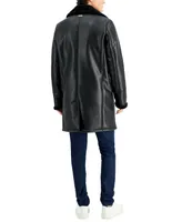 Guess Men's Long Pleather Double Breasted Coat with Faux Shearling Cuff and Collar