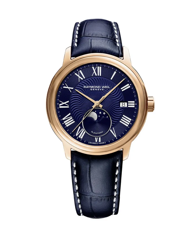 Raymond Weil Men's Swiss Automatic Maestro Blue Leather Strap Watch 39.5mm