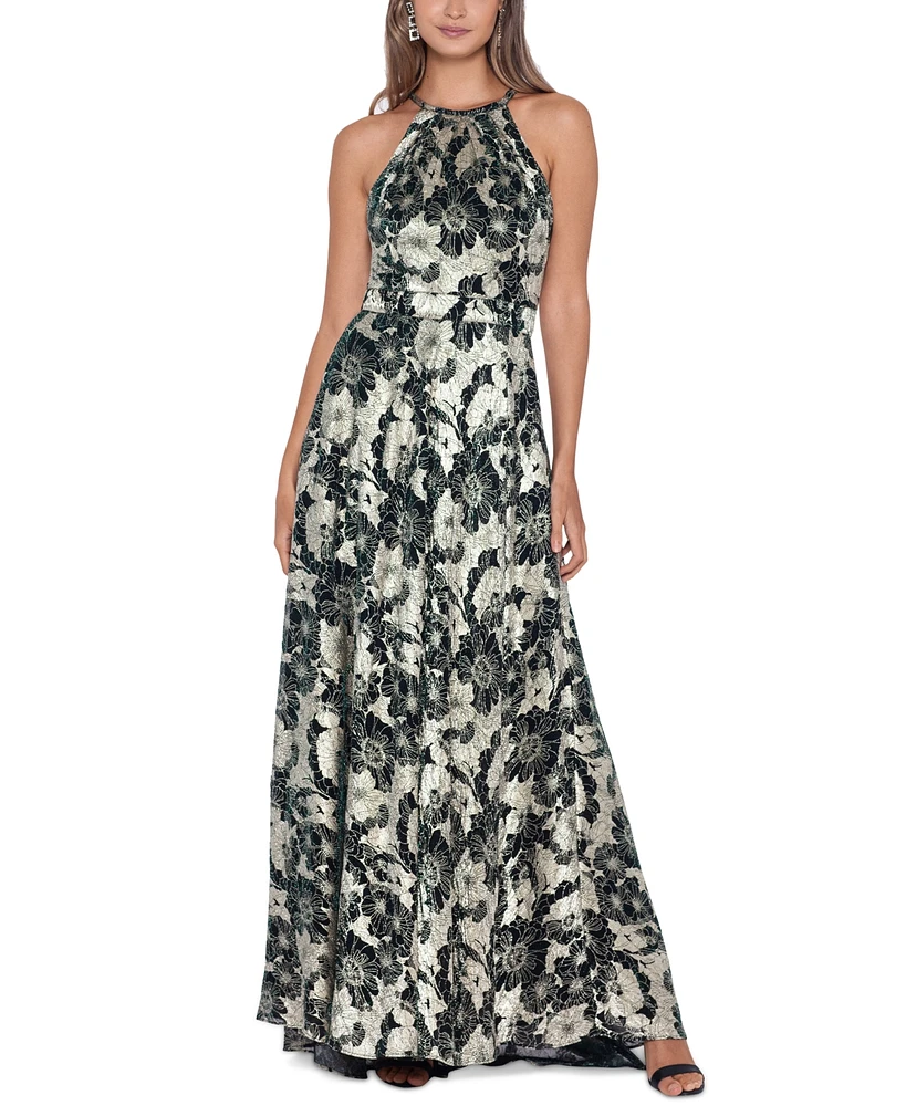 Betsy & Adam Metallic Floral Halter Gown