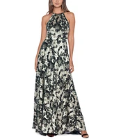 Betsy & Adam Metallic Floral Halter Gown