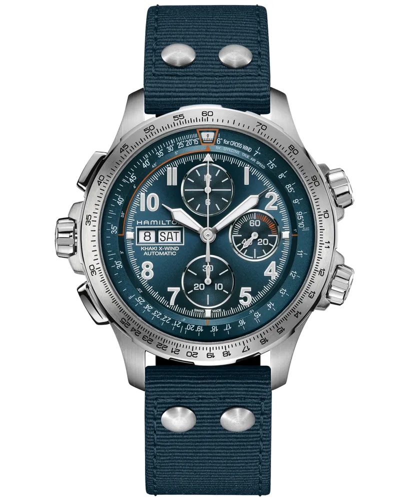 Hamilton Men's Swiss Automatic Chronograph Khaki Aviation X-Wind Blue Textile Strap Watch 45mm