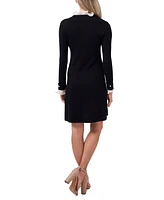 CeCe Women's Ruffle Collar & Sleeve Imitation Pearl Trim Sweater Dress