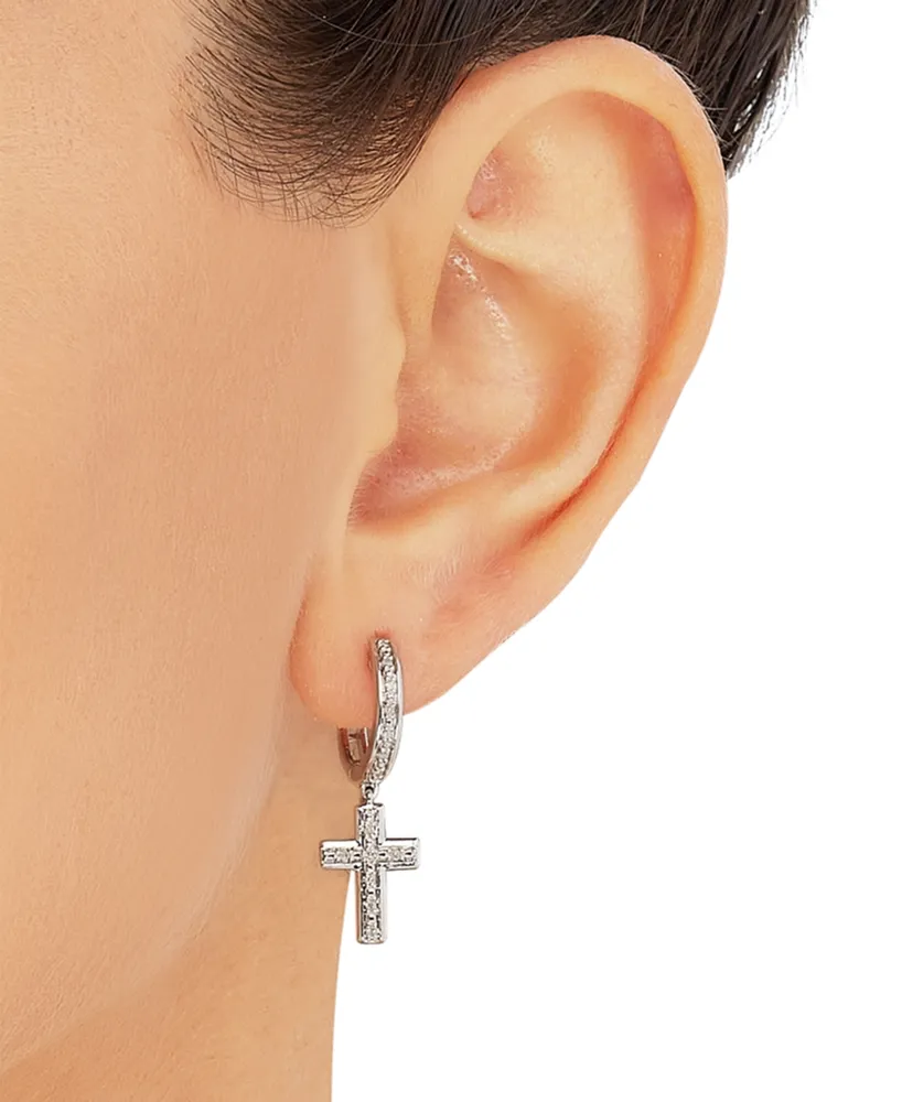 Diamond Cross Dangle Hoop Earrings (1/10 ct. t.w.) in Sterling Silver