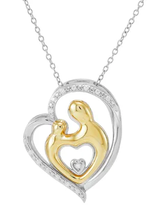 Diamond Mother & Child Heart 18" Pendant Necklace (1/10 ct. t.w.) in Sterling Silver & 10k Gold