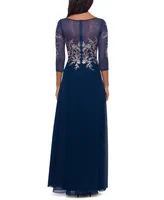 Betsy & Adam Embroidered 3/4-Sleeve Gown