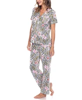 White Mark Women's Short Sleeve Pants Tropical Pajama Set, 2-Piece