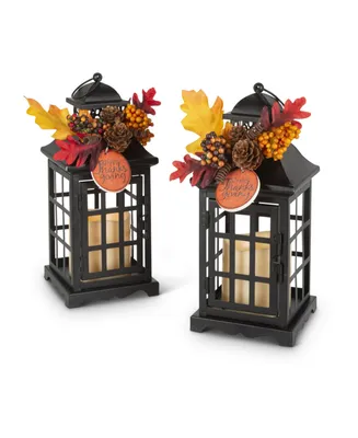 Gerson International 10.5" Lanterns with Battery Operated Led Candles and Floral Accents Set, 2 Pieces