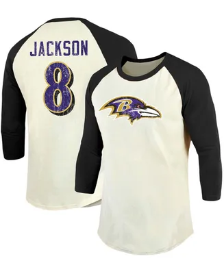 Men's Lamar Jackson Cream, Black Baltimore Ravens Vintage-Inspired Player Name Number Raglan 3/4 Sleeve T-shirt