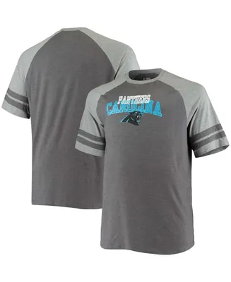 Men's Big and Tall Charcoal, Heathered Gray Carolina Panthers Two-Stripe Tri-Blend Raglan T-shirt
