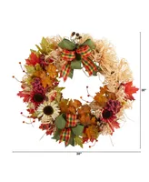 30" Harvest Autumn Sunflower, Maple Leaves and Berries Artificial Fall Wreath with Decorative Bows