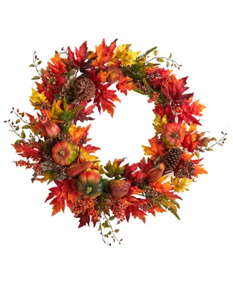 32" Autumn Maple Leaf, Pumpkin and Berries Artificial Fall Wreath