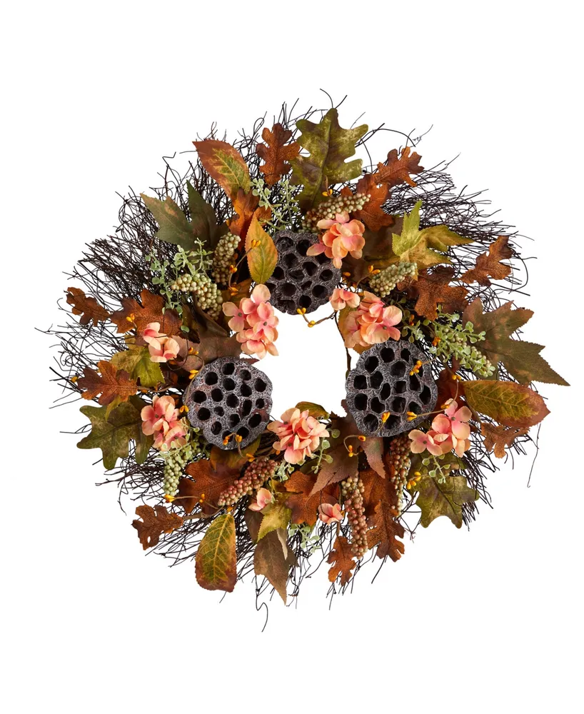 22" Autumn Hydrangea, Dried Lotus Pod Artificial Fall Wreath