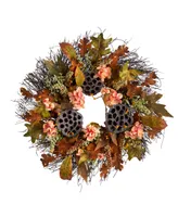 22" Autumn Hydrangea, Dried Lotus Pod Artificial Fall Wreath