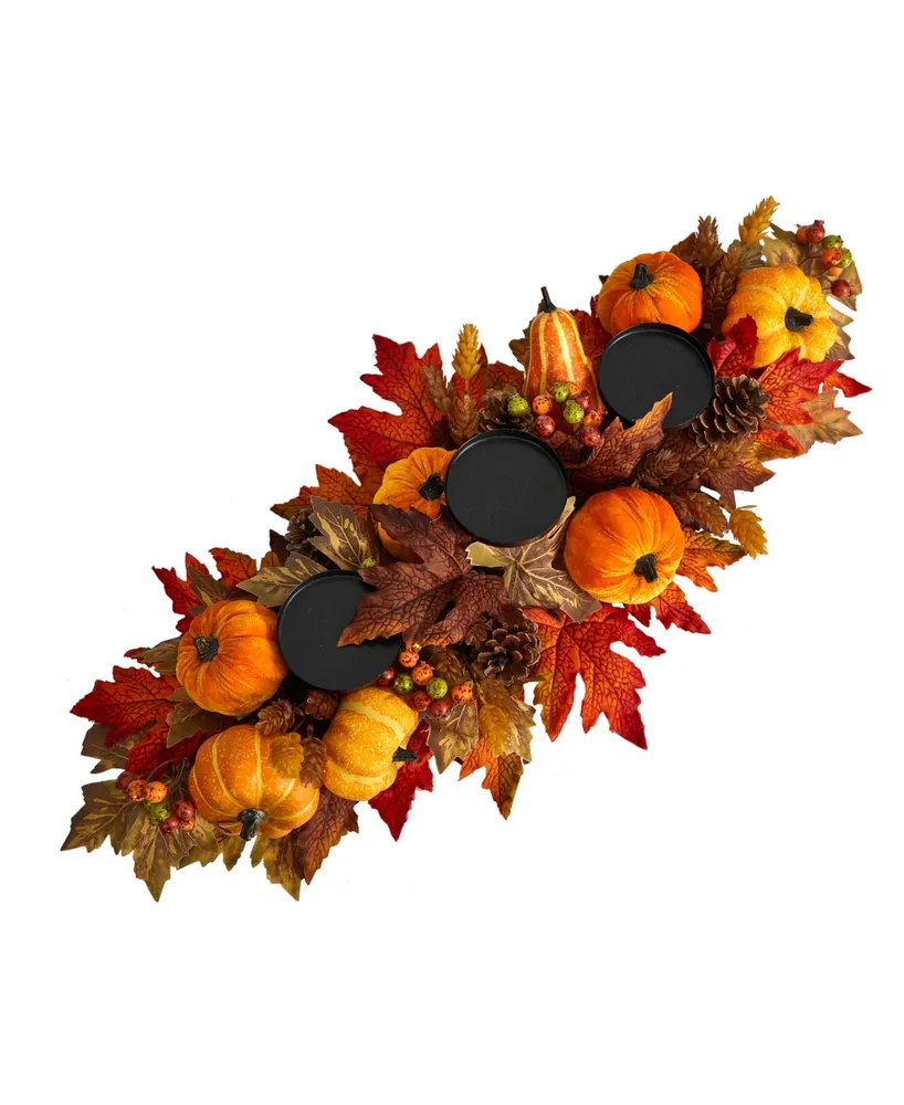 36" Autumn Maple Leaves, Pumpkin and Berries Fall Harvest Candelabrum Arrangement