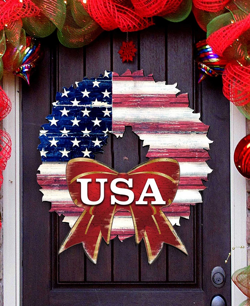 Designocracy Usa American Flag Wreath Wooden Door Wall Hanger