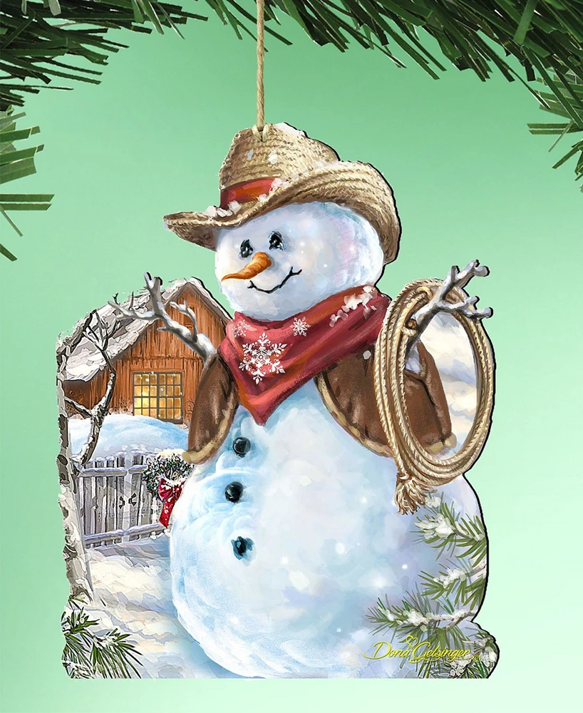 Designocracy 2 Piece Cowboy Snowman Wood Ornaments Set