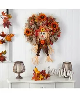 30" Scarecrow Fall Artificial Autumn Wreath with Sunflower, Pumpkin and Decorative Bows