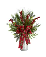 Holiday Winter Greenery, Berries and Plaid Bow Artificial Christmas Arrangement Home Decor, 28"