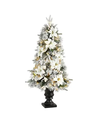 Flocked Artificial Christmas Tree with 223 Bendable Branches and 100 Warm Lights in Decorative Urn, 4'