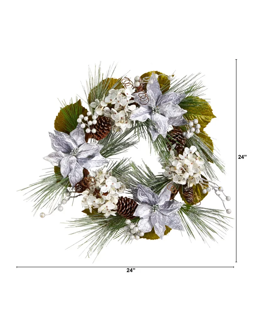 Poinsettia, Hydrangea and Pinecones Artificial Christmas Wreath, 24" - Silver