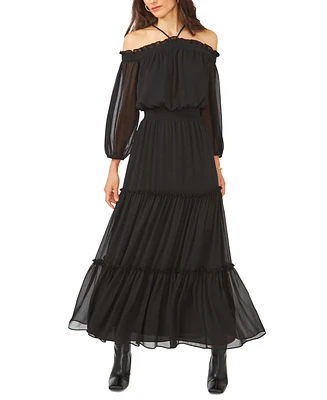 1.state Women's Smocked Waist Halter Long Sleeve Maxi Dress
