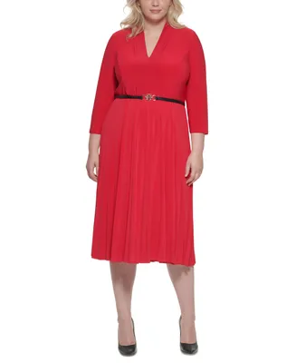 Tommy Hilfiger Plus Size Belted Pleated-Skirt Dress
