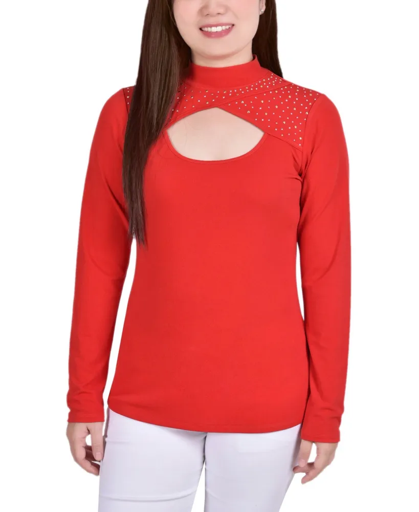 Petite Long Sleeve Studded Mock Neck Top