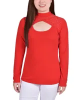 Petite Long Sleeve Studded Mock Neck Top