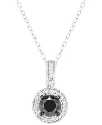 Black Diamond (7/8 ct. t.w.) & White Diamond (1/10 ct. t.w.) Halo 18" Pendant Necklace in Sterling Silver