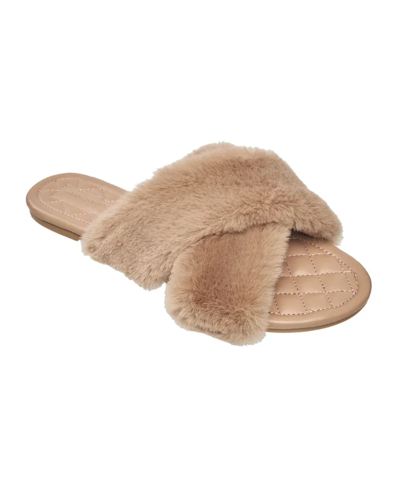 French Connection Women's Sege Slide Criss-Cross Faux Fur Sandals