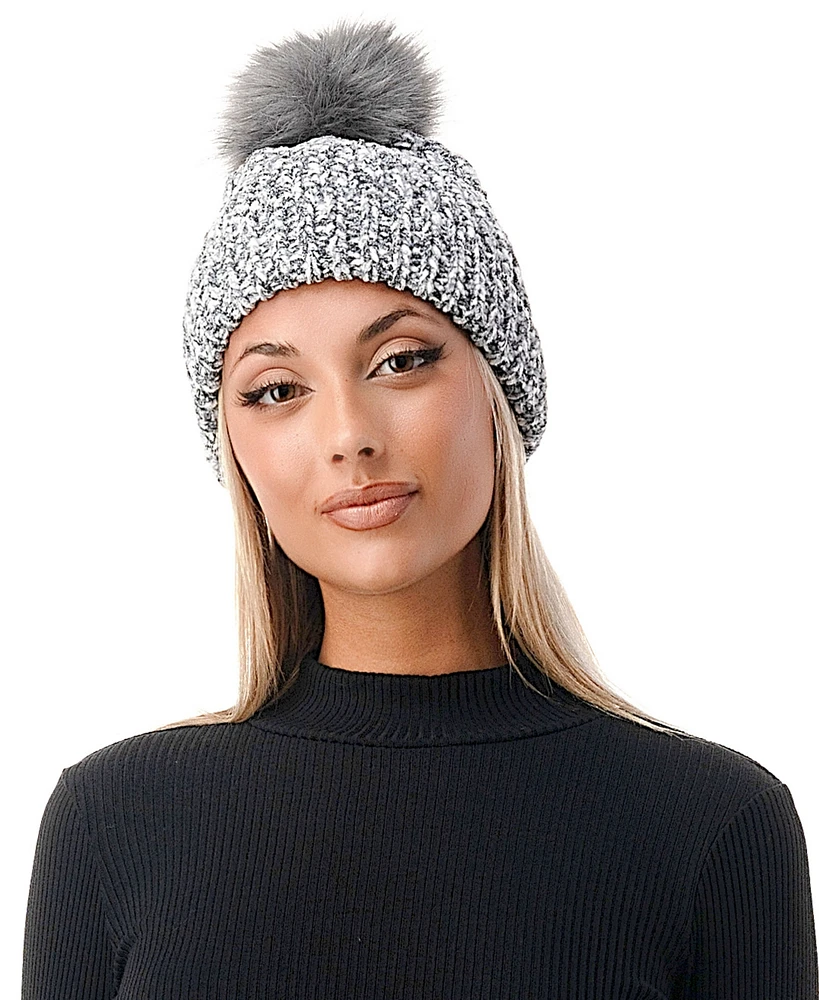 Marcus Adler Women's Ultra Soft Chenille Faux Fur Pom Beanie