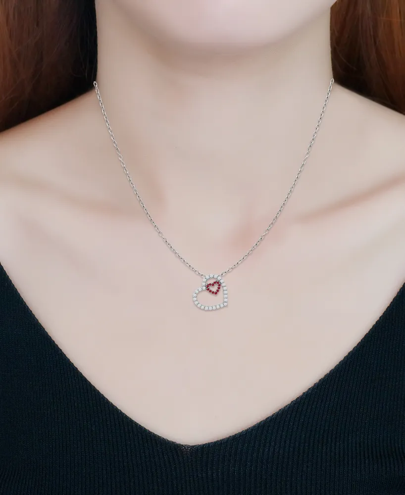 Giani Bernini Lab-Grown Ruby & Cubic Zirconia Heart-in-Heart Pendant Necklace in Sterling Silver, 16" + 2" extender, Created for Macy's