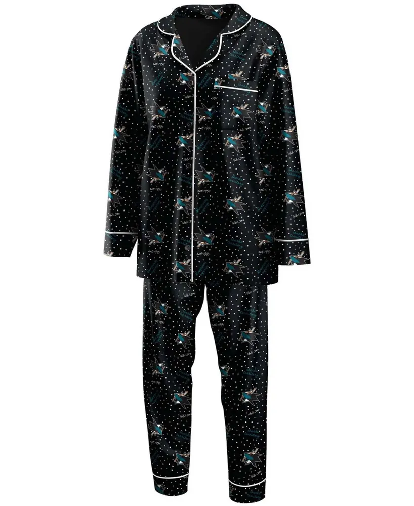 Women's Black San Jose Sharks Long Sleeve Button-Up Shirt and Pants Sleep Set